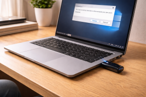 USB flash drive connected to a laptop but asking to be formatted before use.