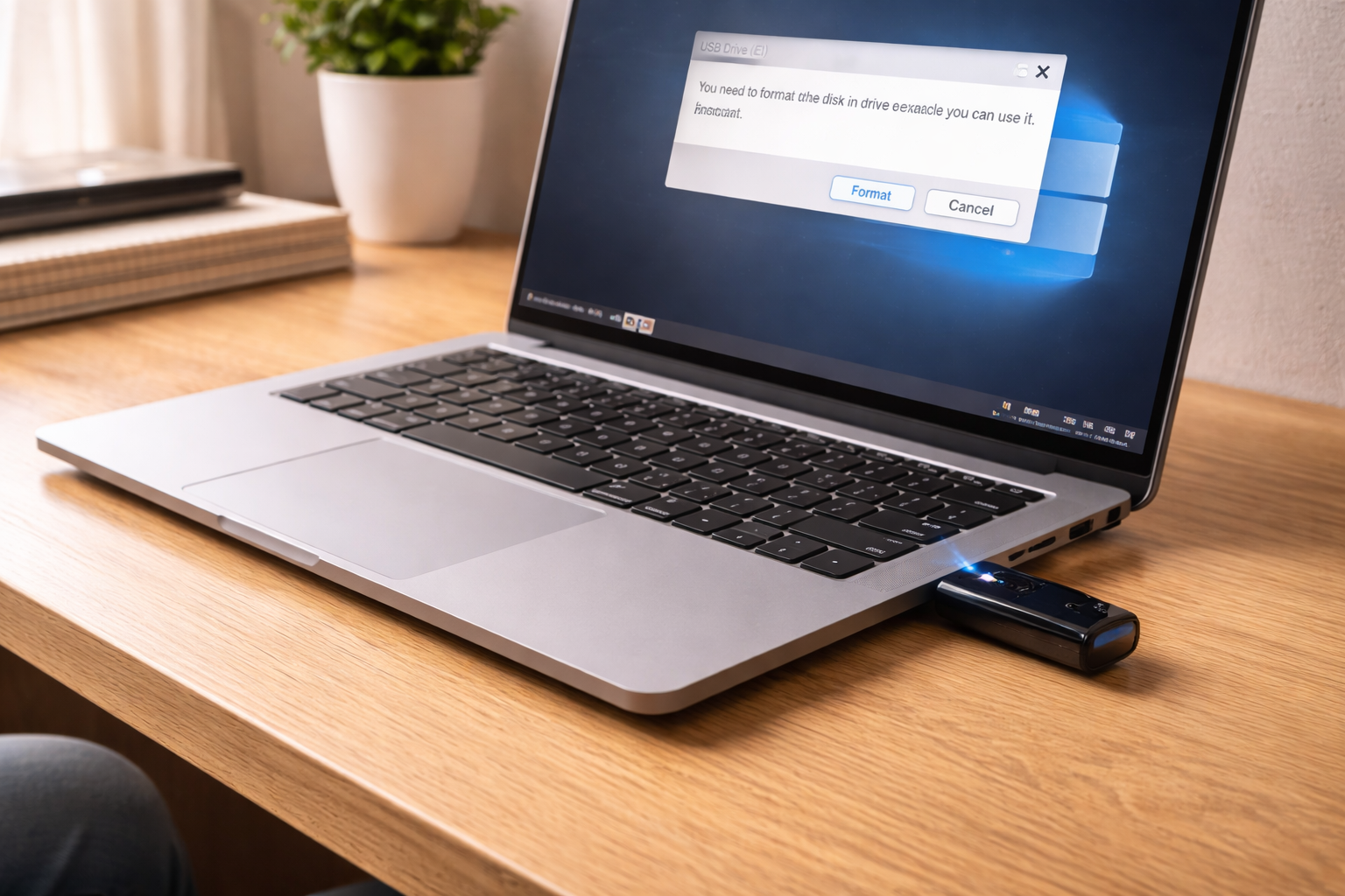 Fix USB Flash Drive Asking to Be Formatted 2 USB flash drive connected to a laptop but asking to be formatted before use.