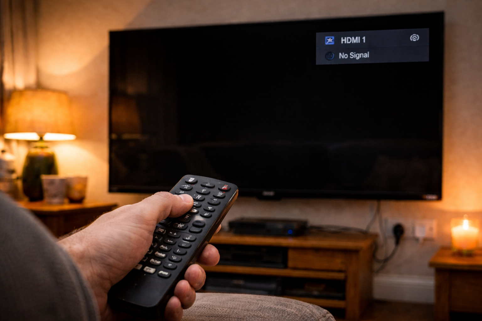 Close-up of a person pressing the input button on a TV remote while the smart TV screen remains black and displays a small “HDMI 1 – No Signal” message in a UK living room.