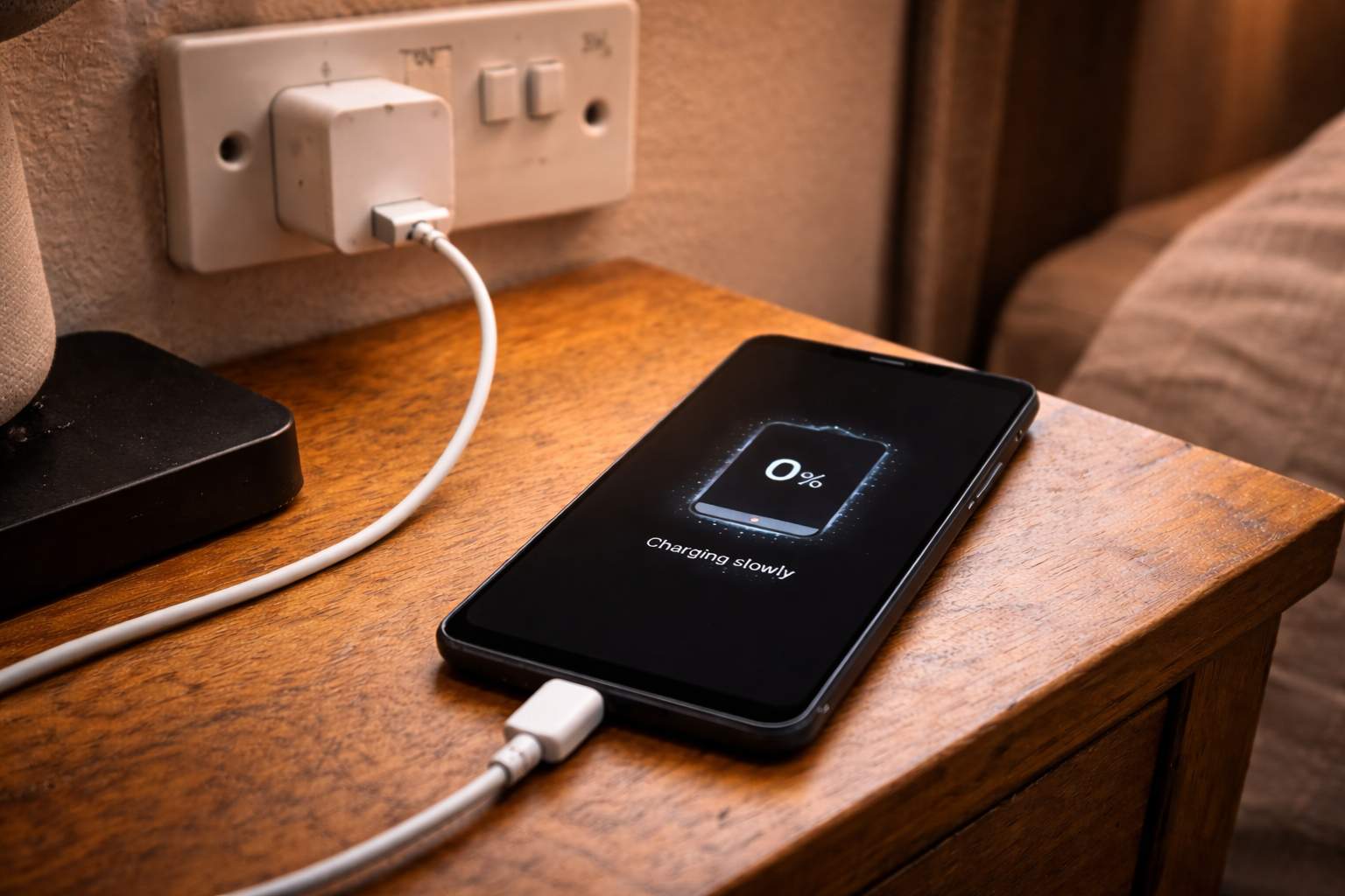 Android phone on a bedside table connected to a basic wall charger in a UK socket, showing 0% battery with a “Charging slowly” message instead of fast charging.