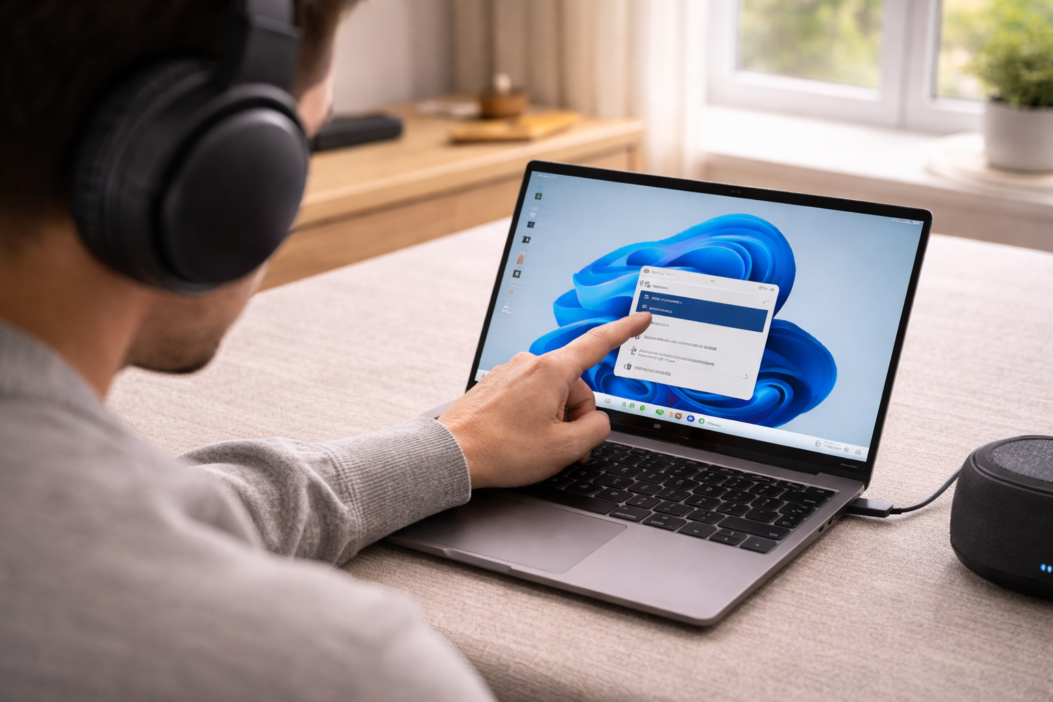 User checking audio output settings on a laptop while a Bluetooth device is connected but producing no sound.