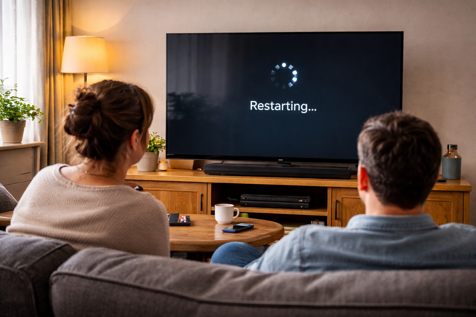 Two people sitting on a sofa watching their TV stuck on a “Restarting…” screen after a recent software update in a bright UK living room.