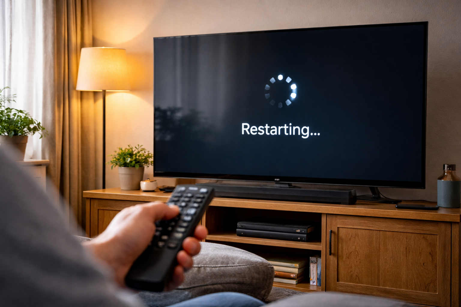 Smart TV in a UK living room displaying a “Restarting…” message after a software update while a person holds a remote in the foreground.