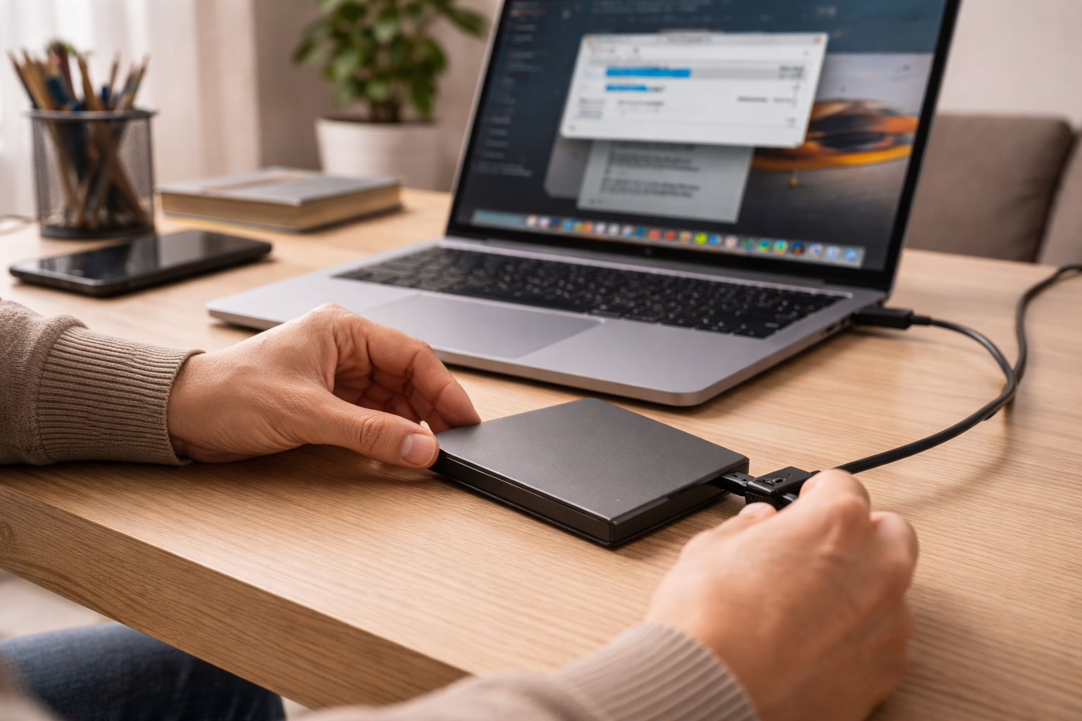 User reconnecting an external SSD cable while troubleshooting slow performance during file transfers.