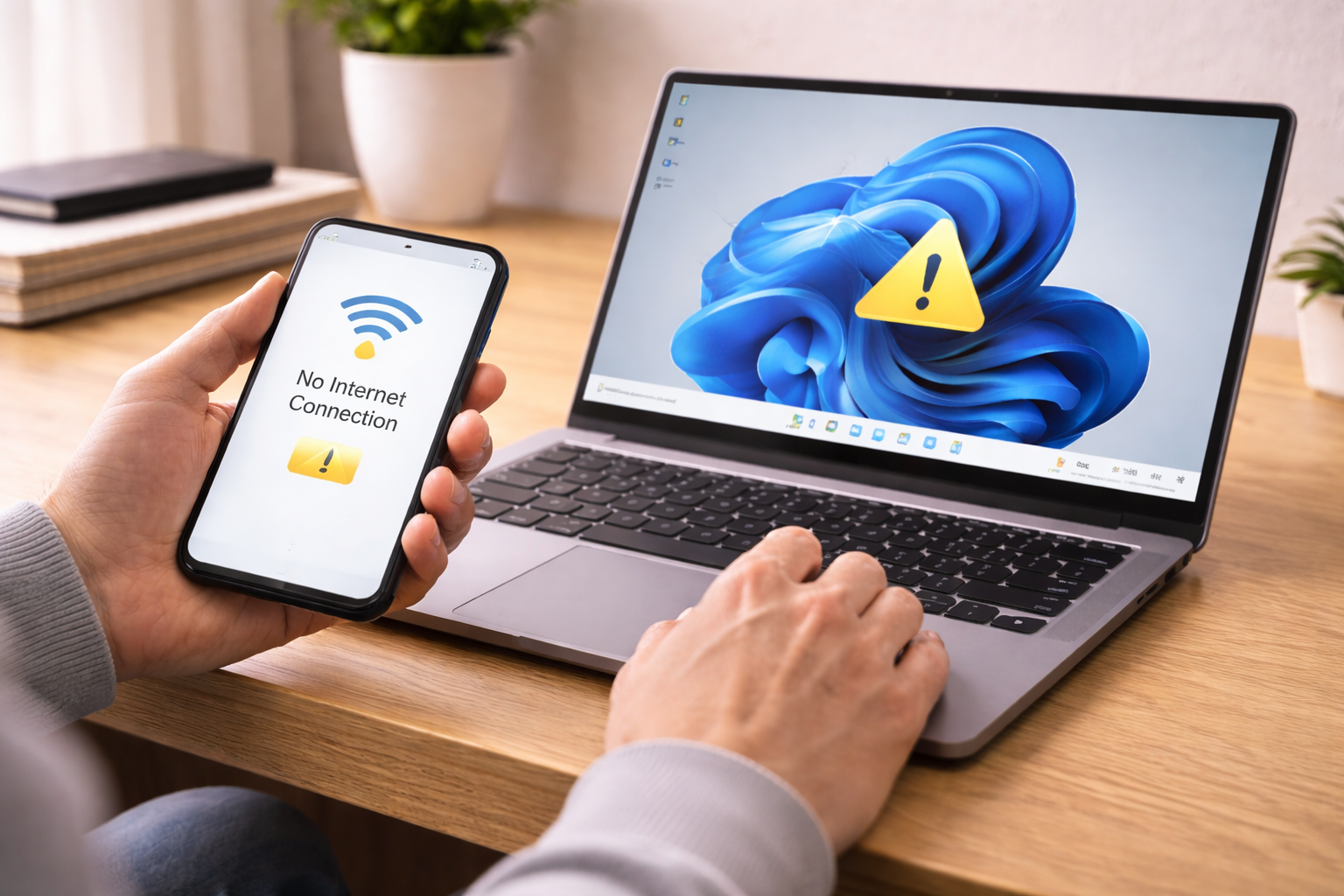  checking Wi-Fi connectivity on a Windows 11 laptop while using a smartphone to confirm network issues.