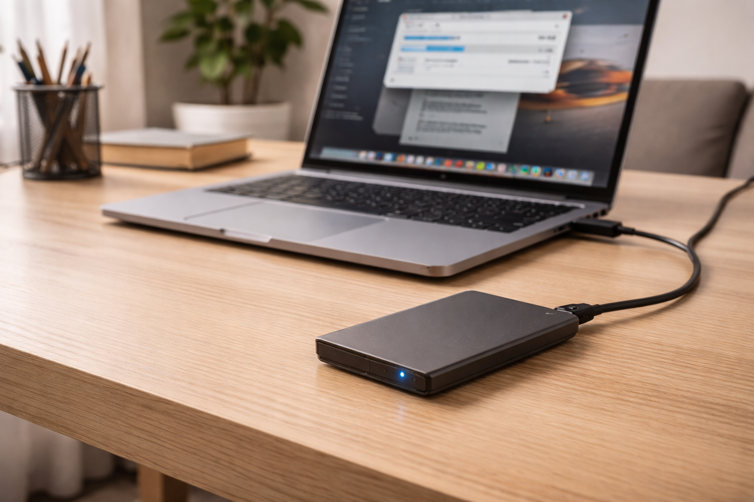External SSD connected to a laptop on a desk during extended use, suggesting performance slowing over time.