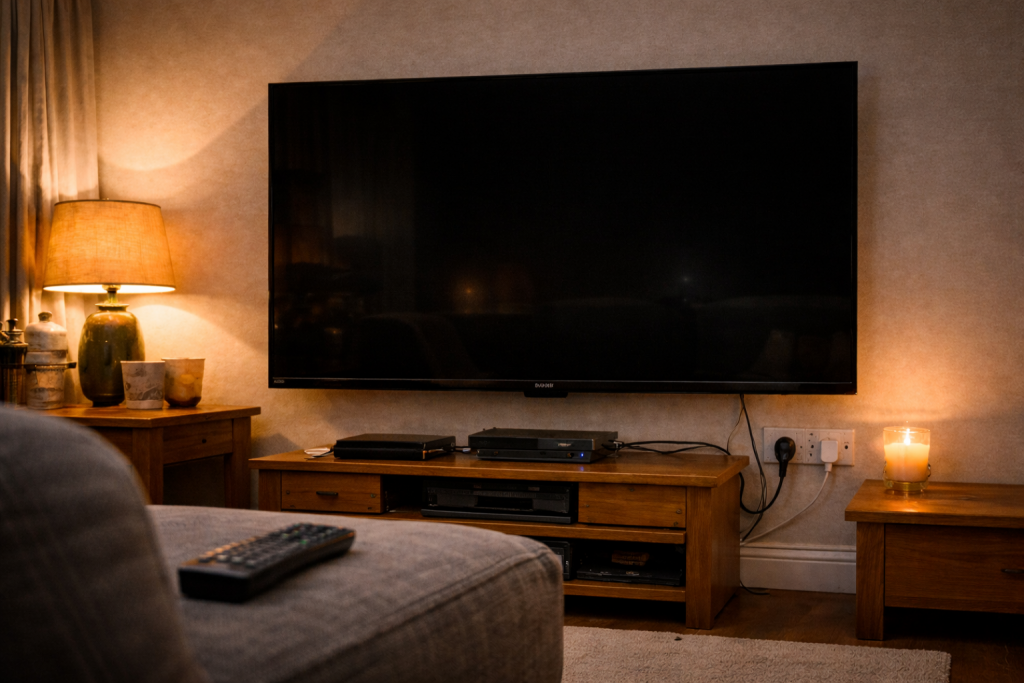 smart TV in a UK living room has suddenly gone completely black while the room remains warmly lit, with the dark screen reflecting faint ambient light from nearby lamps and candles.