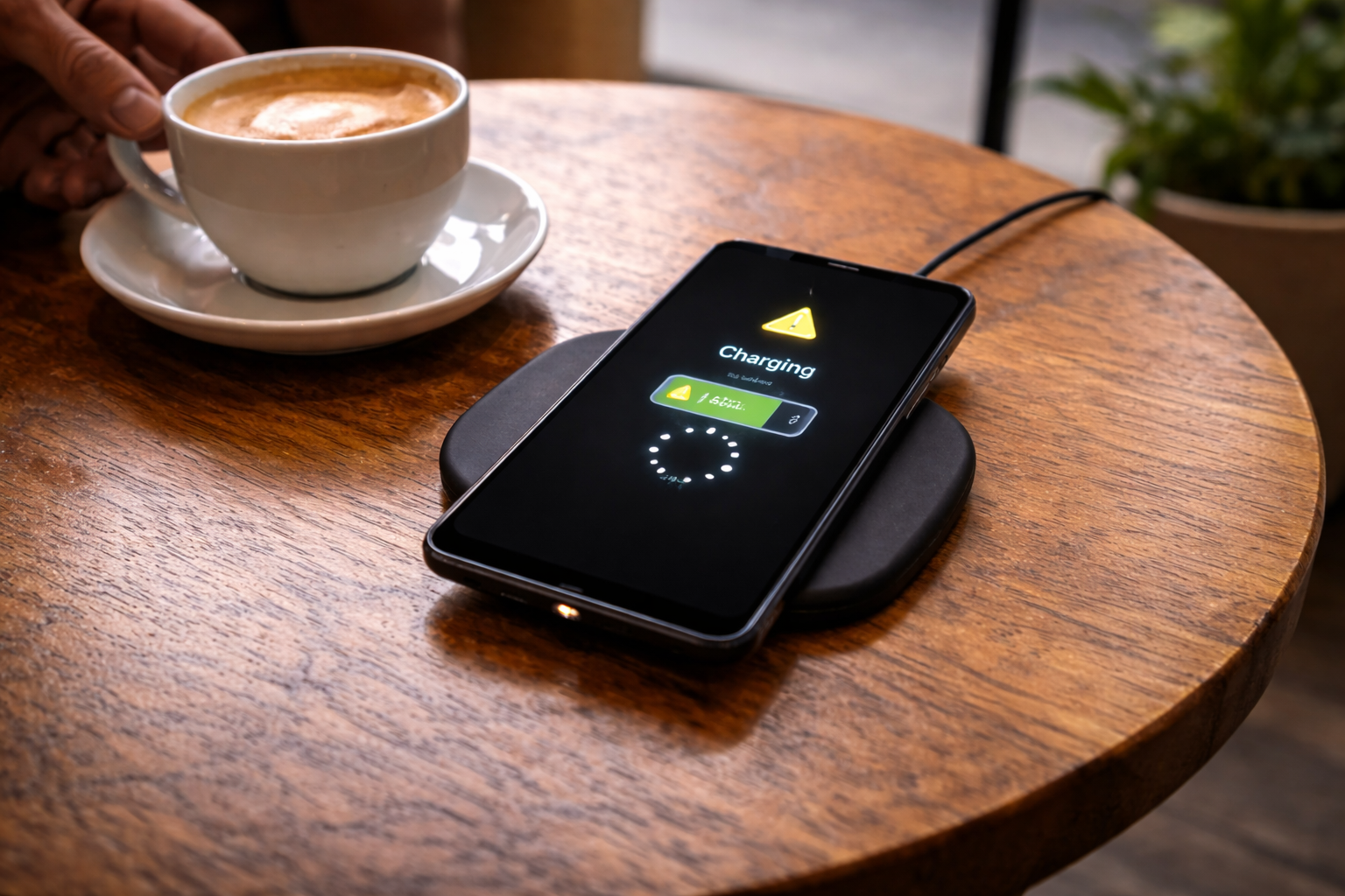 Smartphone placed slightly off-centre on a wireless charging pad at a café table, with the charging indicator flickering to suggest wireless charging repeatedly starting and stopping.