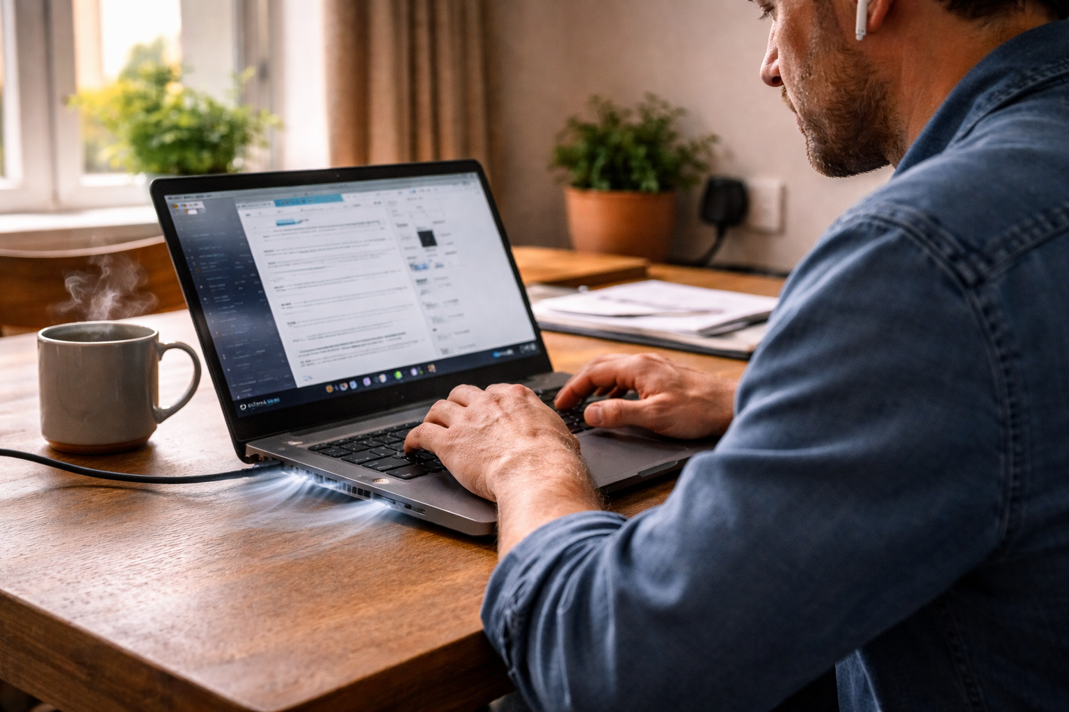 Close-up of a person working on a laptop in a UK home workspace with visible hot air blowing from the side vents, suggesting the cooling fans are constantly running loudly.