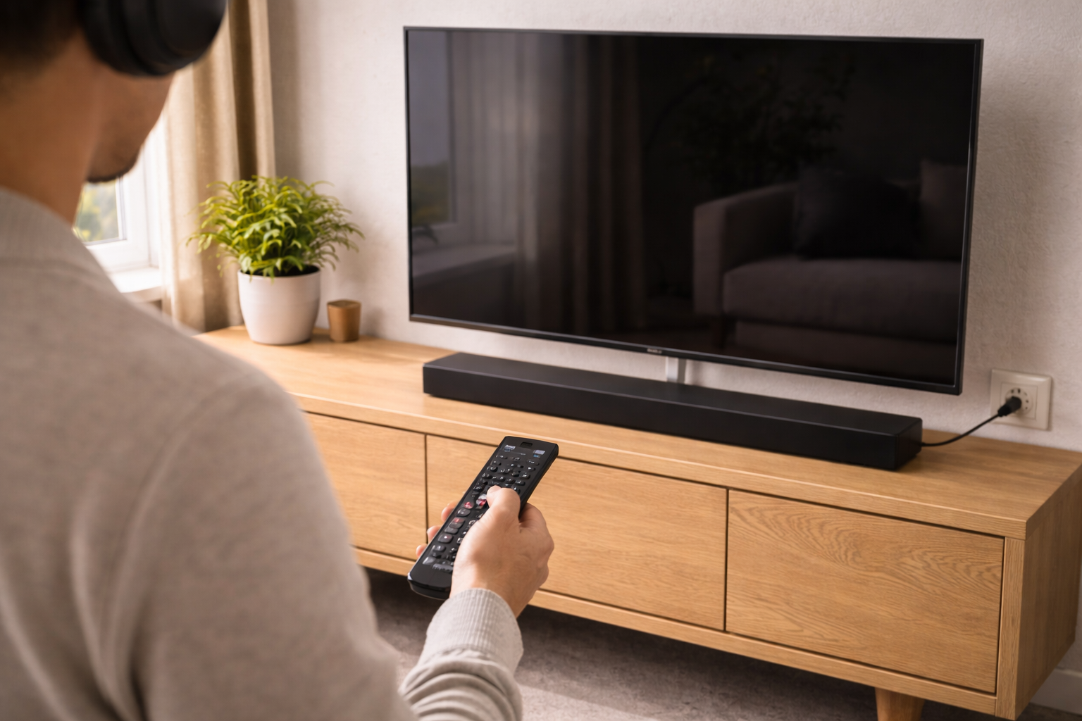  turned on in a living room while the soundbar below does not power on.