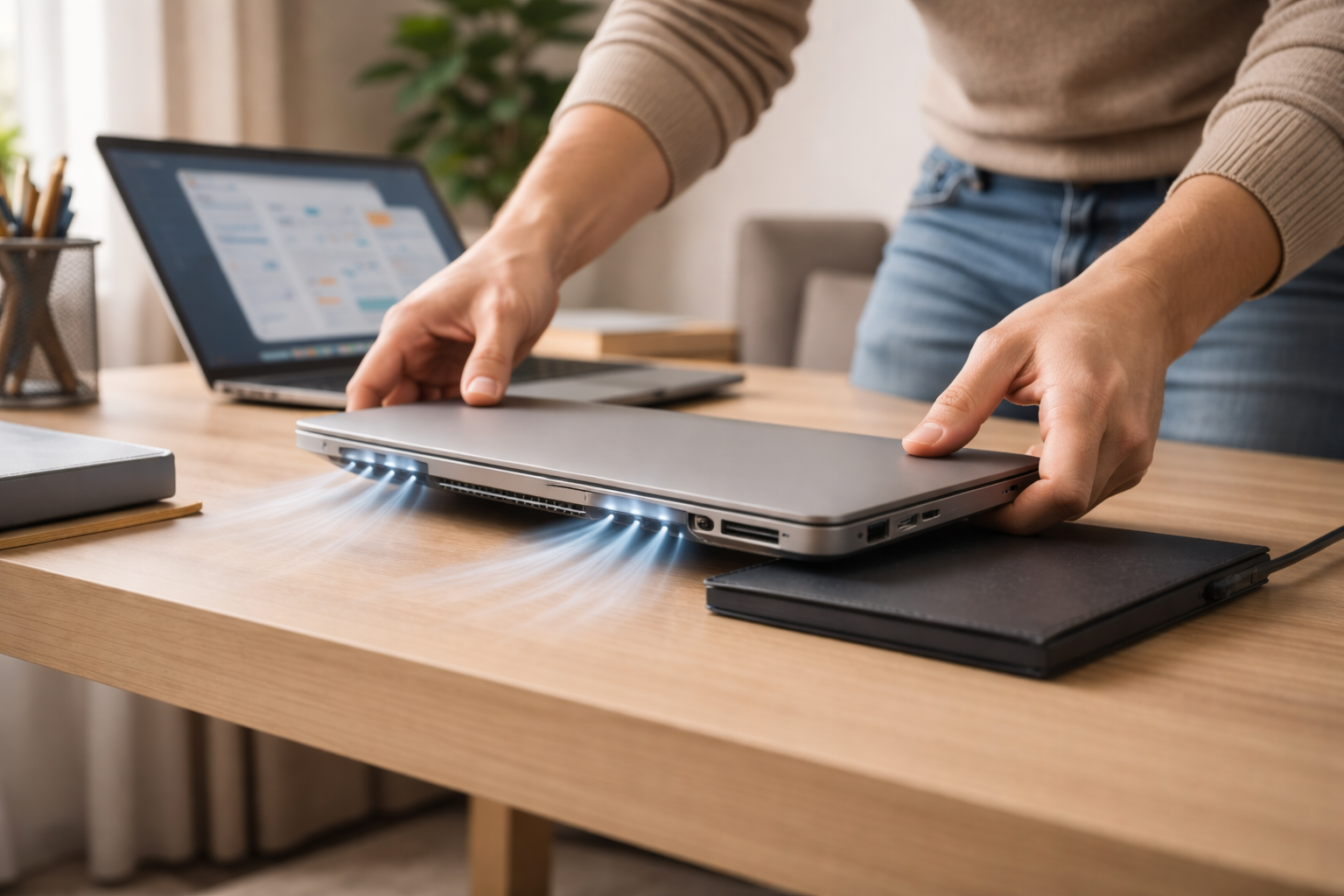 User lifting a laptop to improve airflow while loud cooling fans continue running during normal use.