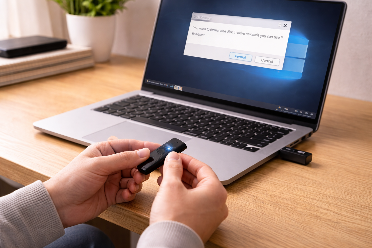 Fix USB Flash Drive Asking to Be Formatted 1 User holding a USB flash drive while a laptop prompts to format the drive before it can be used.
