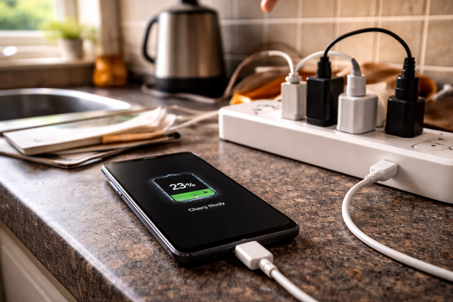 Android phone charging on a cluttered UK kitchen counter through a multi-plug extension, showing standard charging without any fast charge indication.