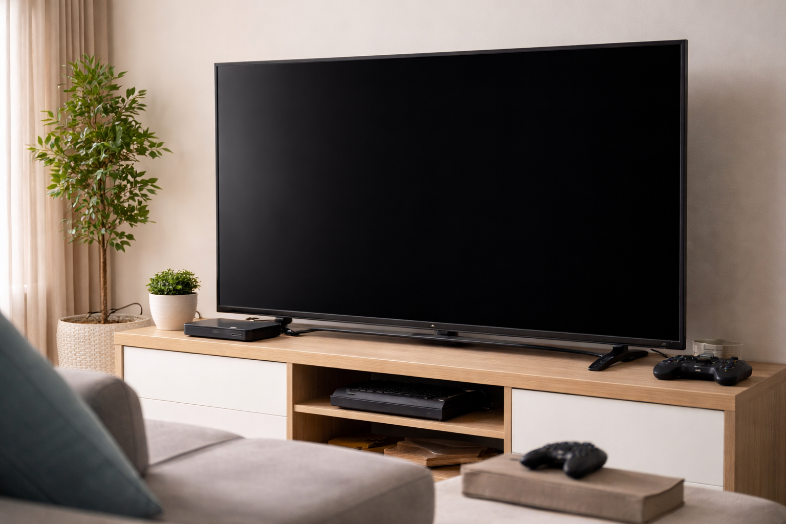 TV viewed from a side angle in a living room where the picture momentarily goes black during playback, with daylight entering through a window and an HDMI device connected.