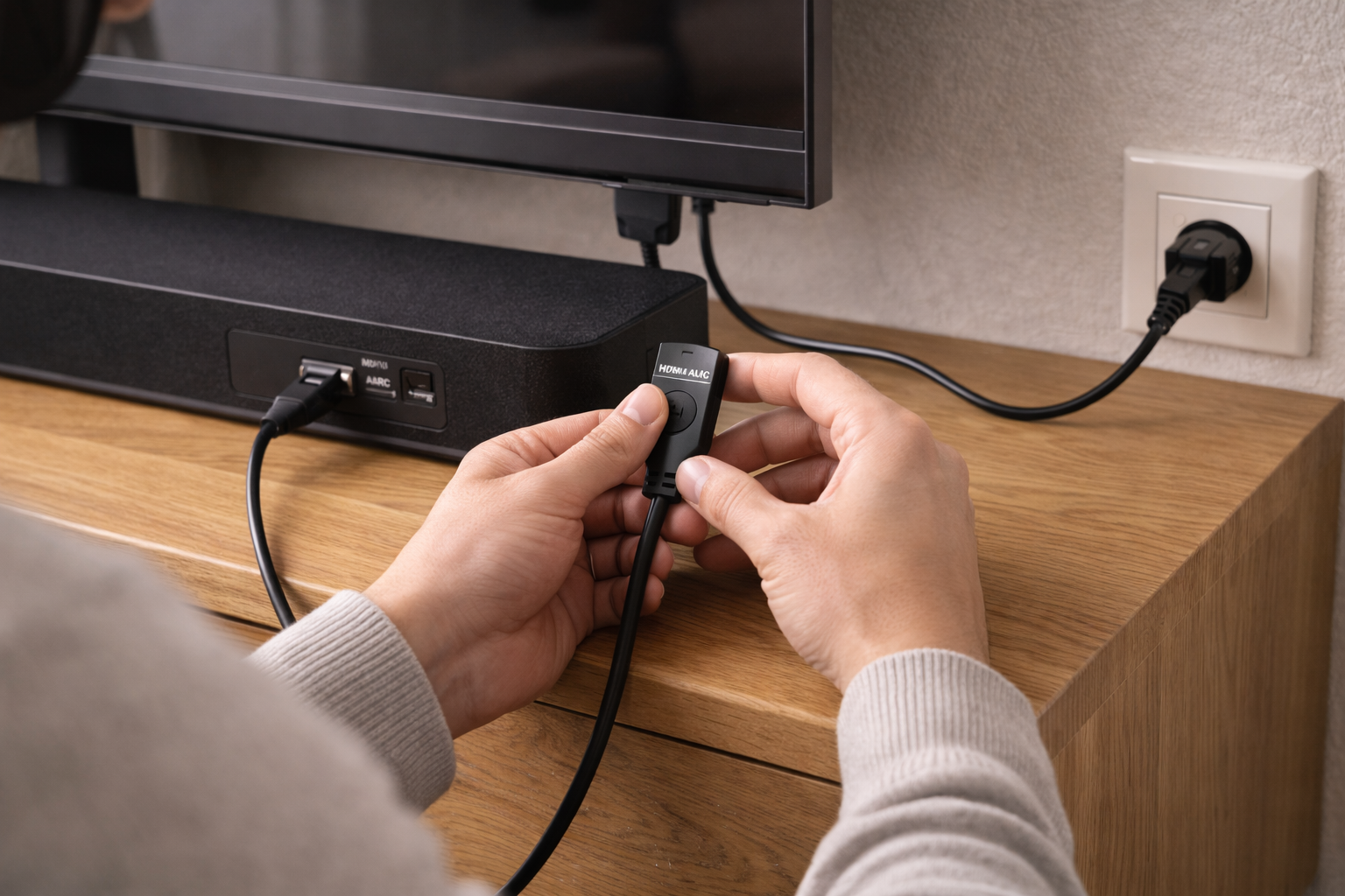 User reconnecting an HDMI ARC cable between a TV and soundbar after a power cut to restore audio detection.