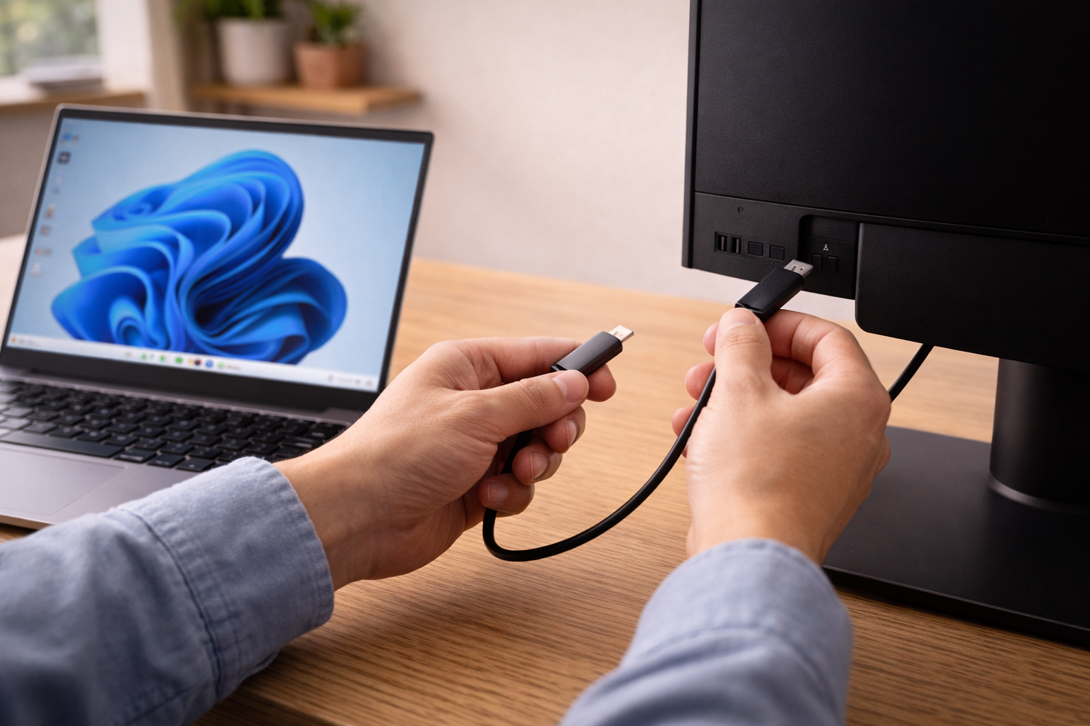 User reconnecting a USB-C cable between a laptop and an external monitor while troubleshooting a detection issue.