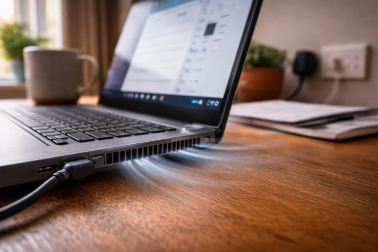 A laptop sitting on a wooden desk in a UK home workspace with visible airflow blasting from the side vents, suggesting constantly loud cooling fans.