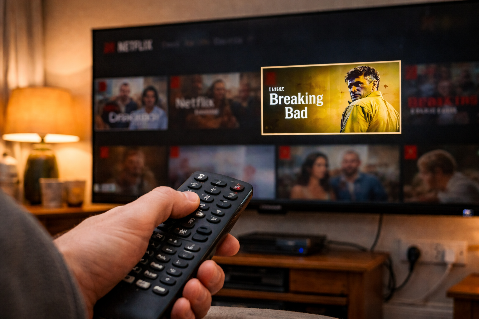 Close-up of a person pressing the OK button on a TV remote while the Netflix app is visibly frozen on a smart TV screen in a UK living room.