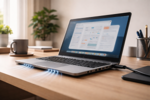 Laptop on a desk with visible ventilation and power connected, suggesting cooling fans running loudly during normal use.