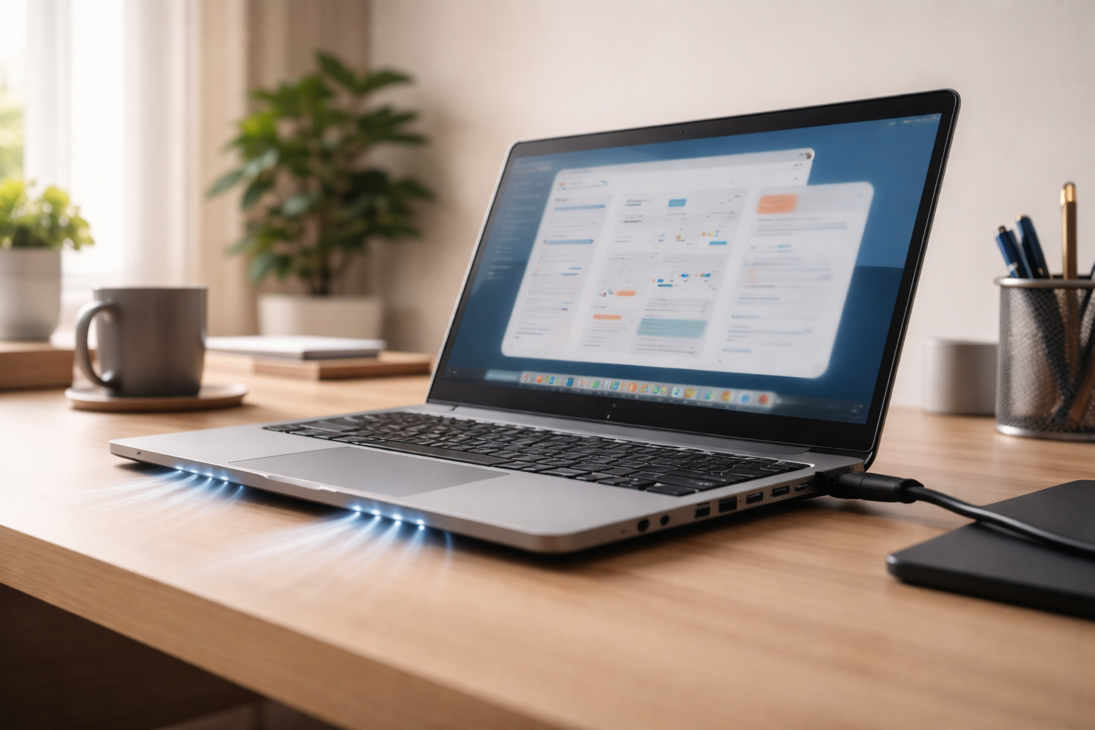 Laptop on a desk with visible ventilation and power connected, suggesting cooling fans running loudly during normal use.