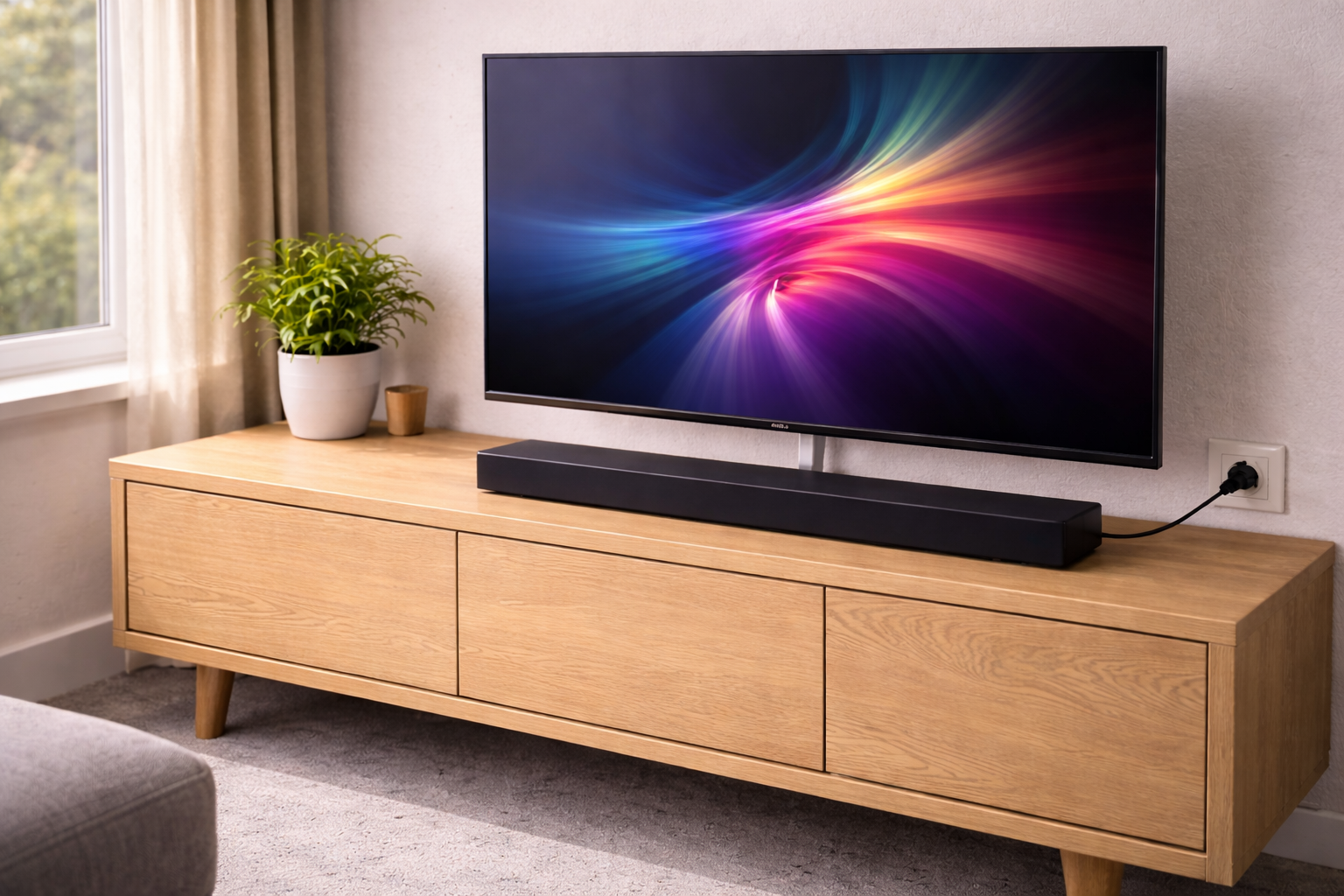TV turned on in a living room while the soundbar below does not power on.