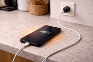 Smartphone charging on a kitchen counter and becoming hot during charging.