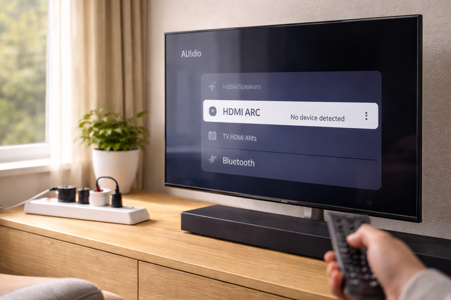 TV audio settings showing HDMI ARC not detected after a power cut, with a power strip and soundbar visible below the screen.